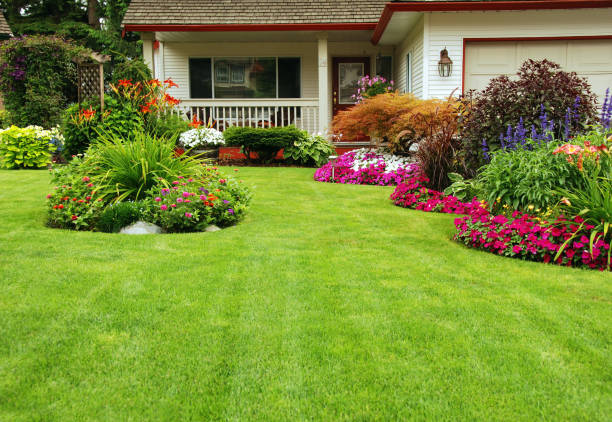A finely manicured yard shows its summer colours.